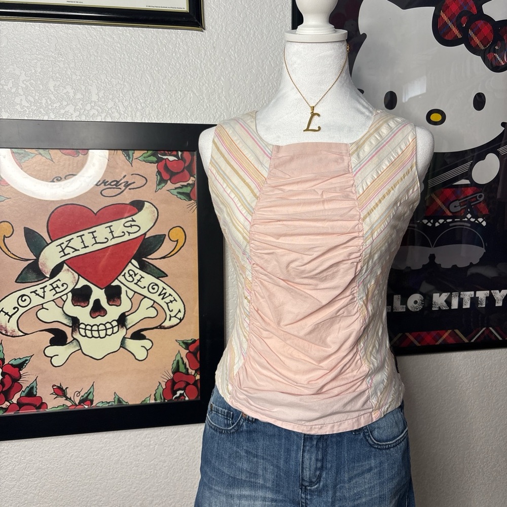 Jojo Rebel Fashion Pink Striped Ruched High Neck Blouse Preppy Coquette Feminine